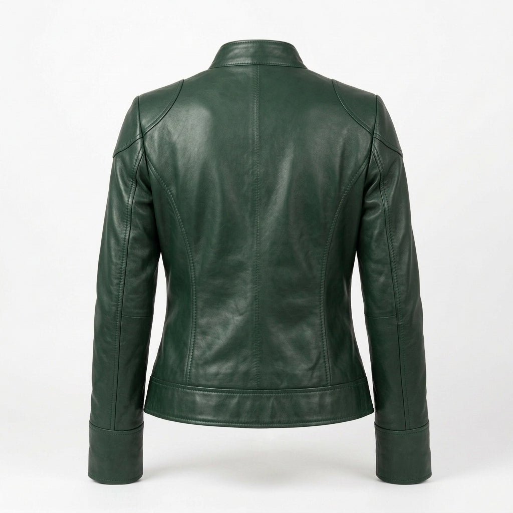 Women's Green Sheepskin Leather Cafe Racer Jacket – Slim Fit Biker Moto Coat with Band Collar