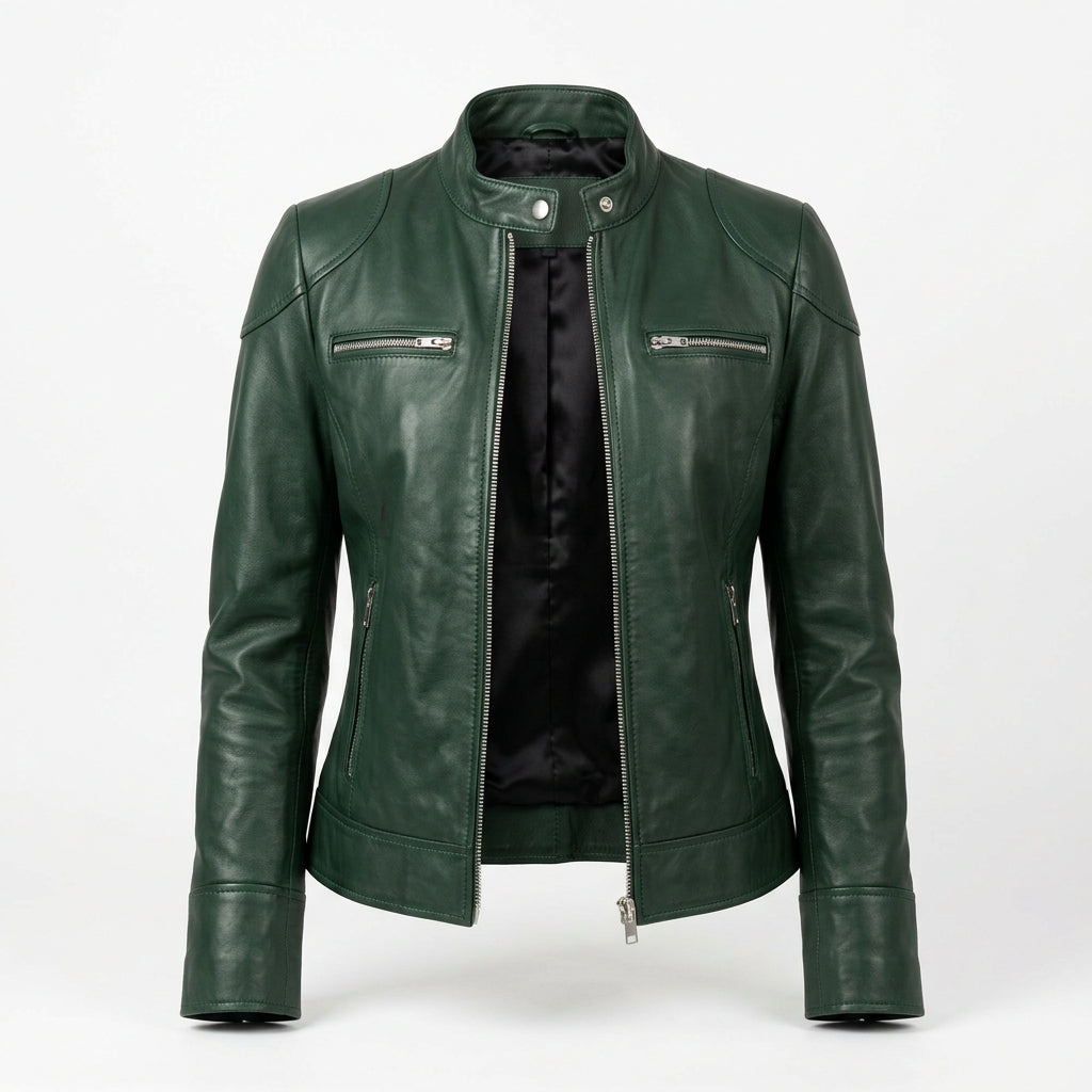 Women's Green Sheepskin Leather Cafe Racer Jacket – Slim Fit Biker Moto Coat with Band Collar