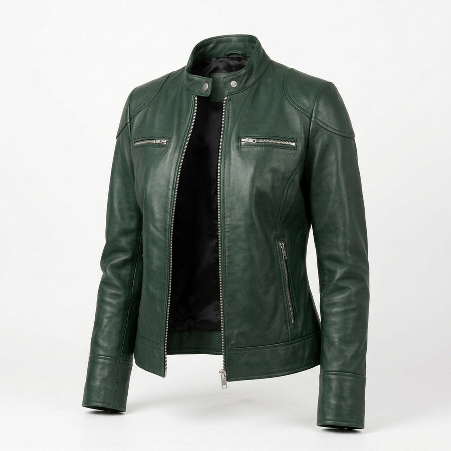 Women's Green Sheepskin Leather Cafe Racer Jacket – Slim Fit Biker Moto Coat with Band Collar