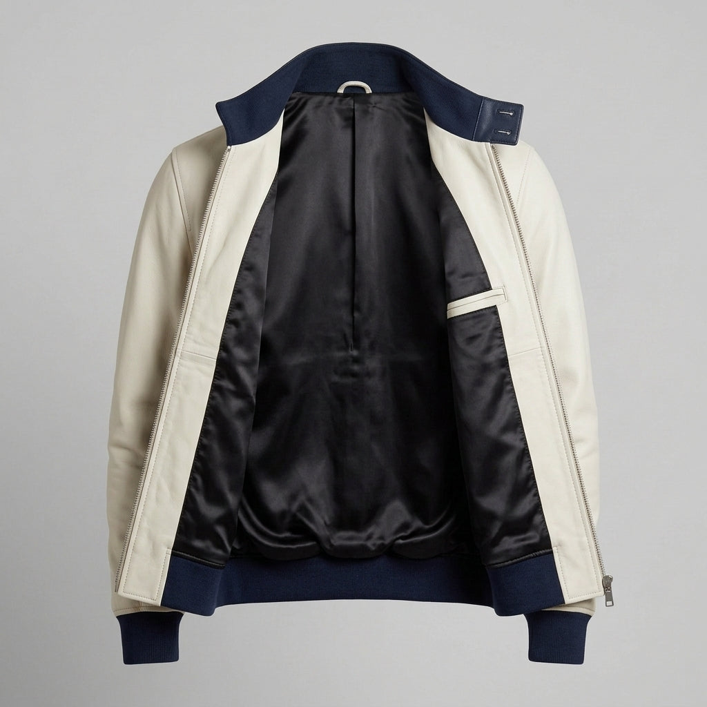 Men's White and Navy Leather Harrington Jacket