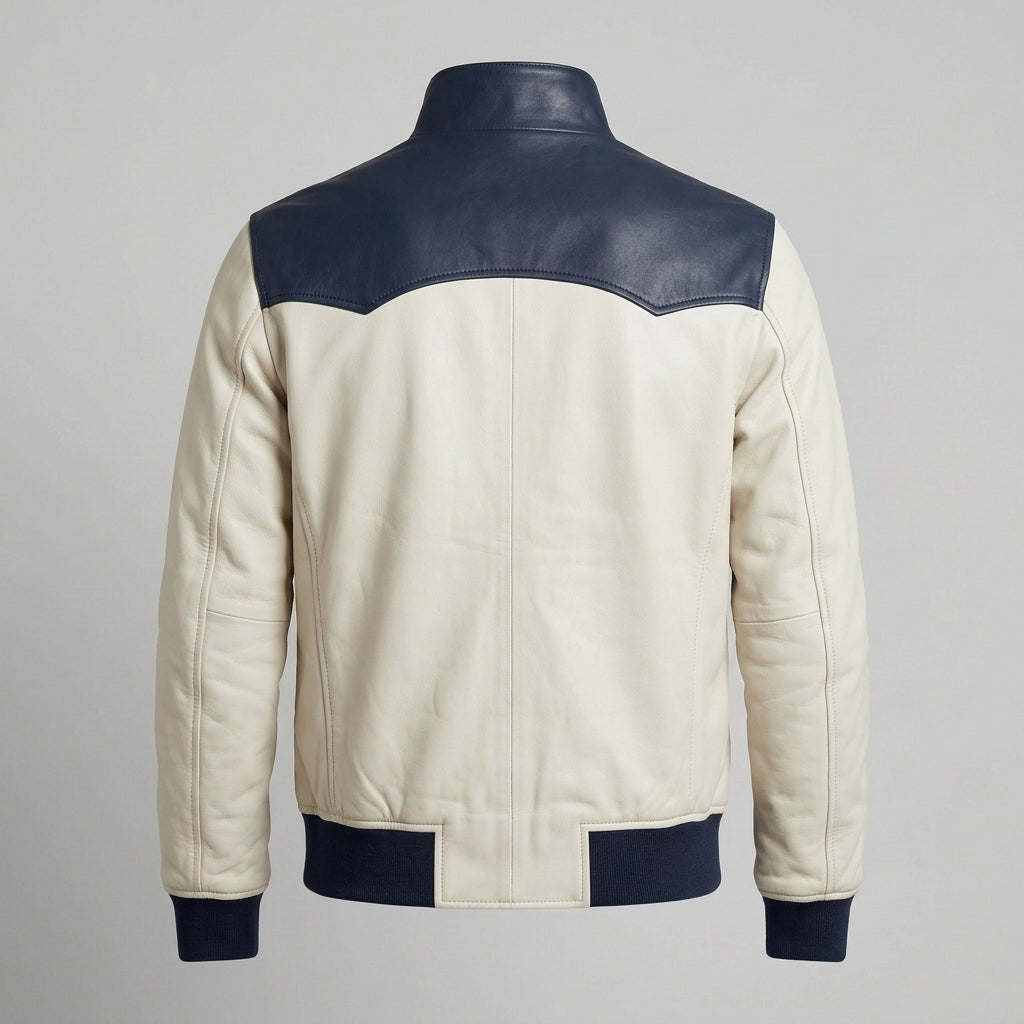 Men's White and Navy Leather Harrington Jacket