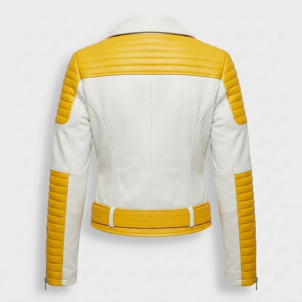 Women's White and Yellow Sheepskin Leather Biker Jacket – Two-Tone Quilted Asymmetric Moto Jacket