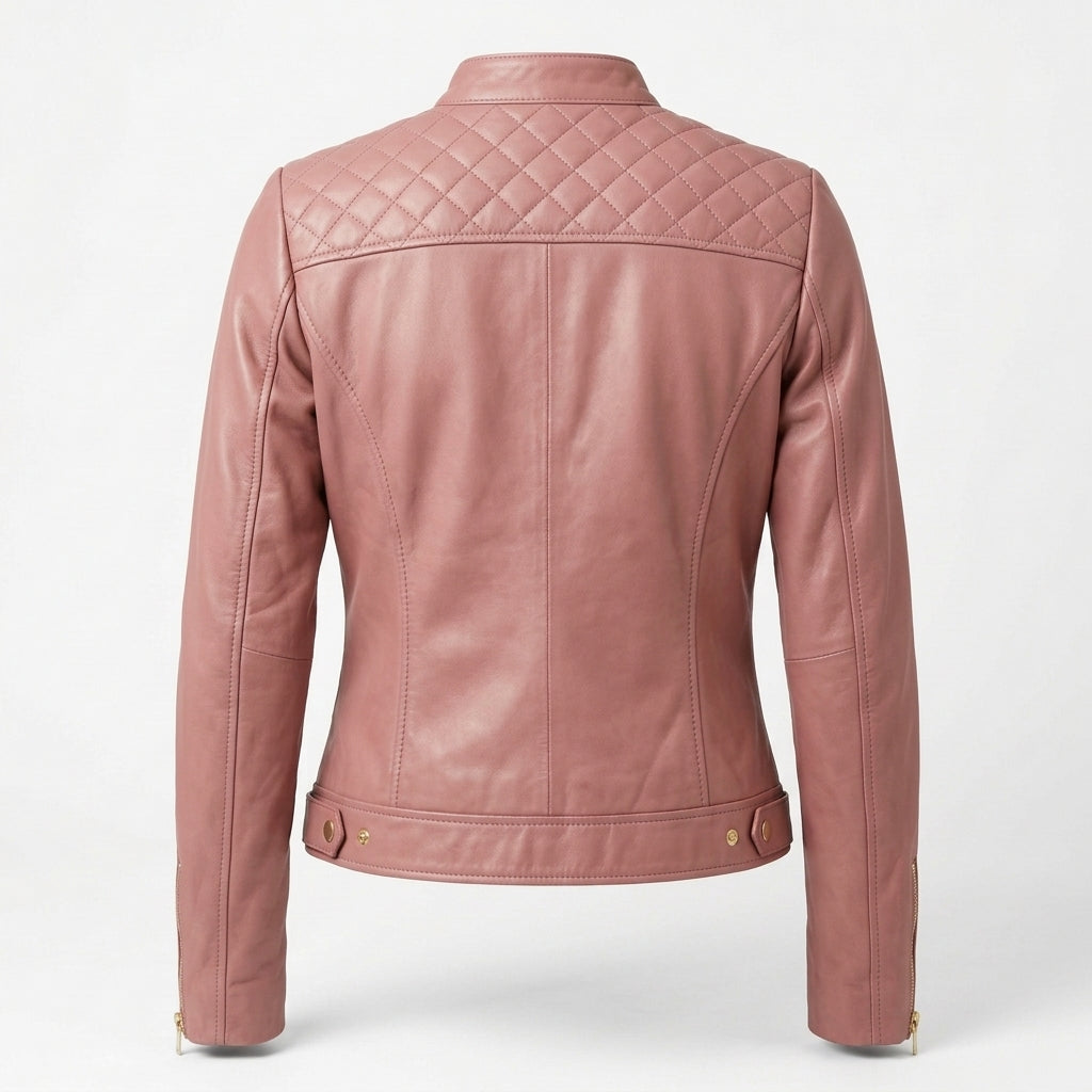 Women's Dusty Rose Sheepskin Leather Cafe Racer Jacket – Quilted Shoulders & Gold Zippers