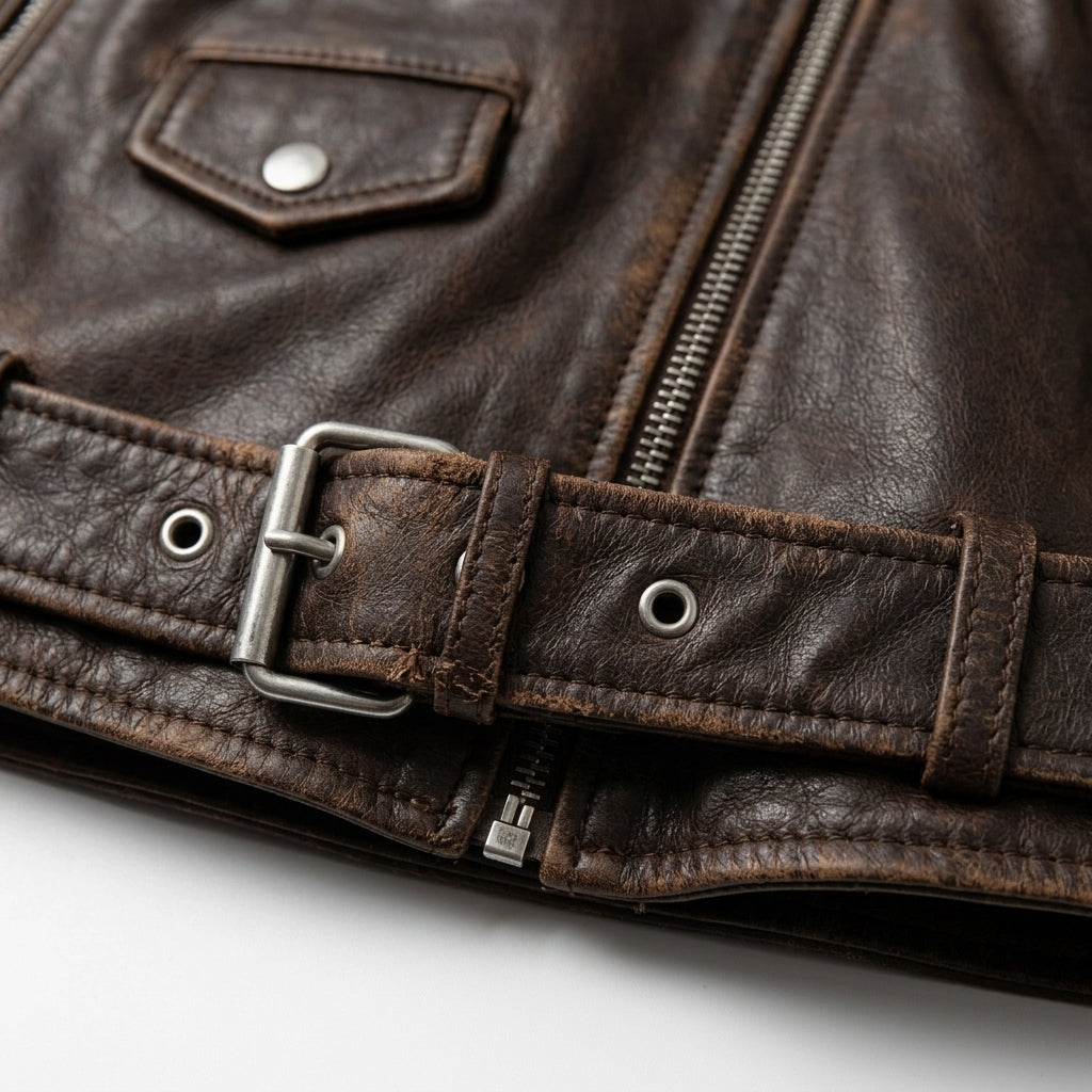 Women's Vintage Brown Leather Biker Jacket with Belt