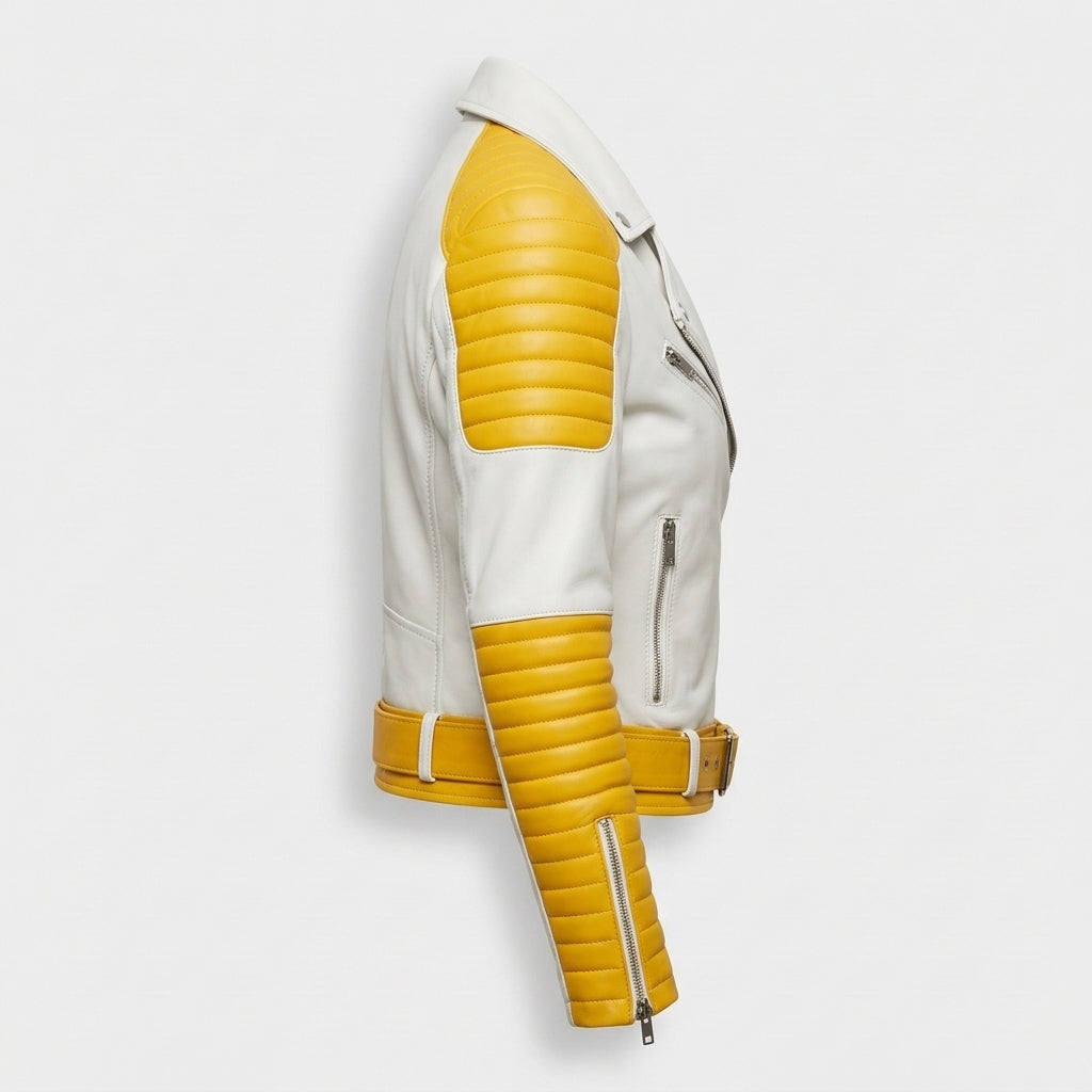 Women's White and Yellow Sheepskin Leather Biker Jacket – Two-Tone Quilted Asymmetric Moto Jacket