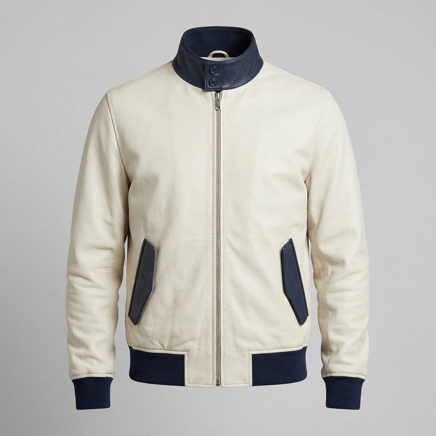 Men's White and Navy Leather Harrington Jacket