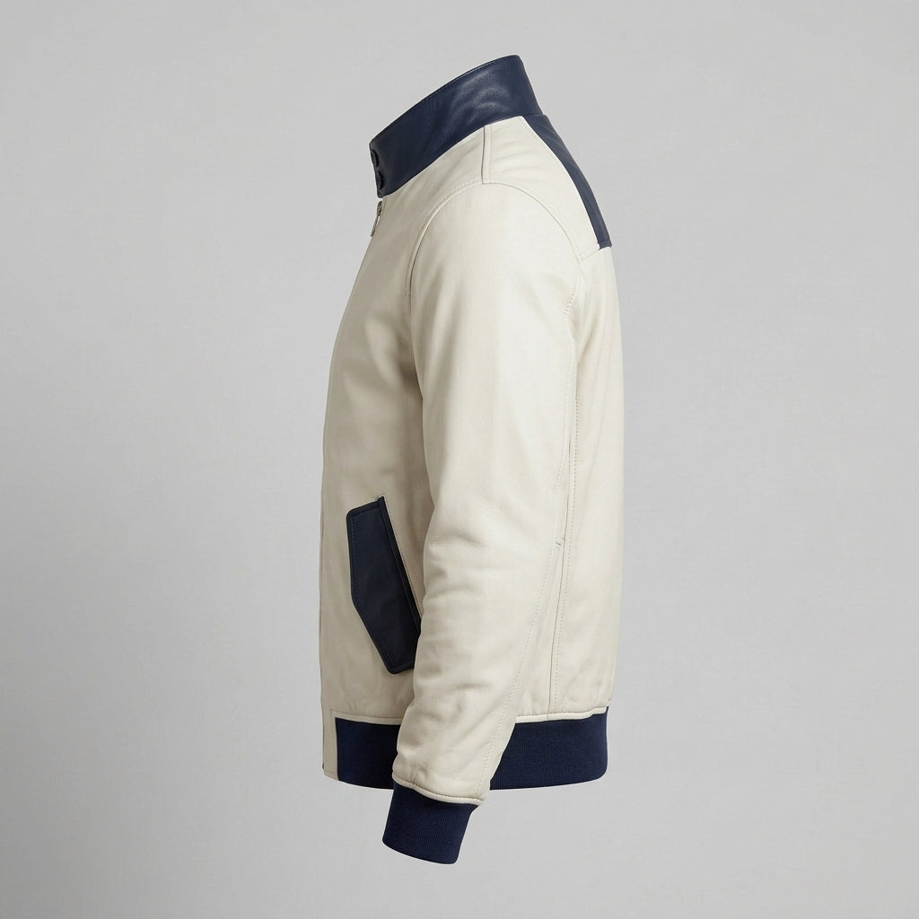 Men's White and Navy Leather Harrington Jacket