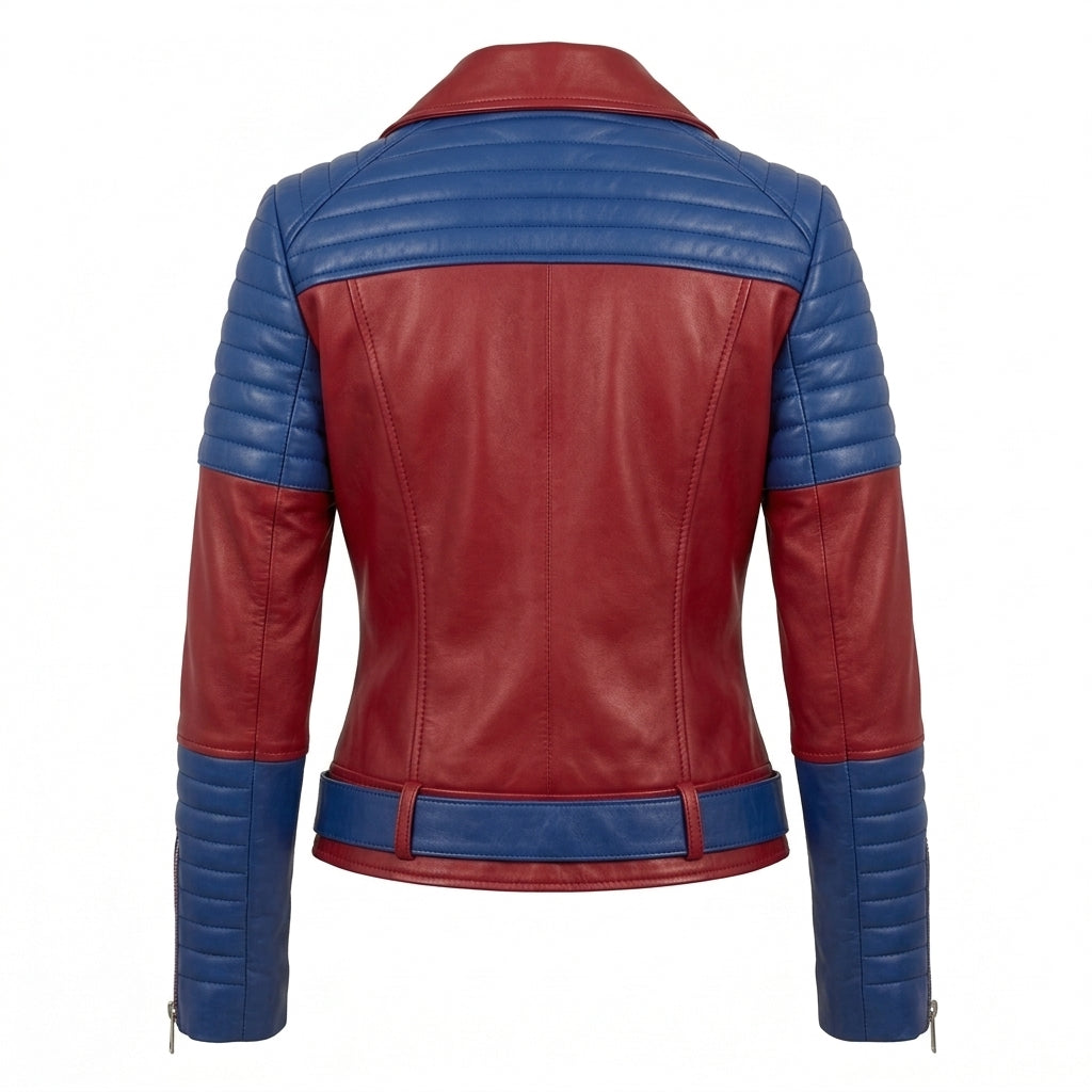 Women's Red and Blue Leather Biker Jacket, Two Tone Quilted Sheepskin Asymmetric Moto Coat, Gift for Her