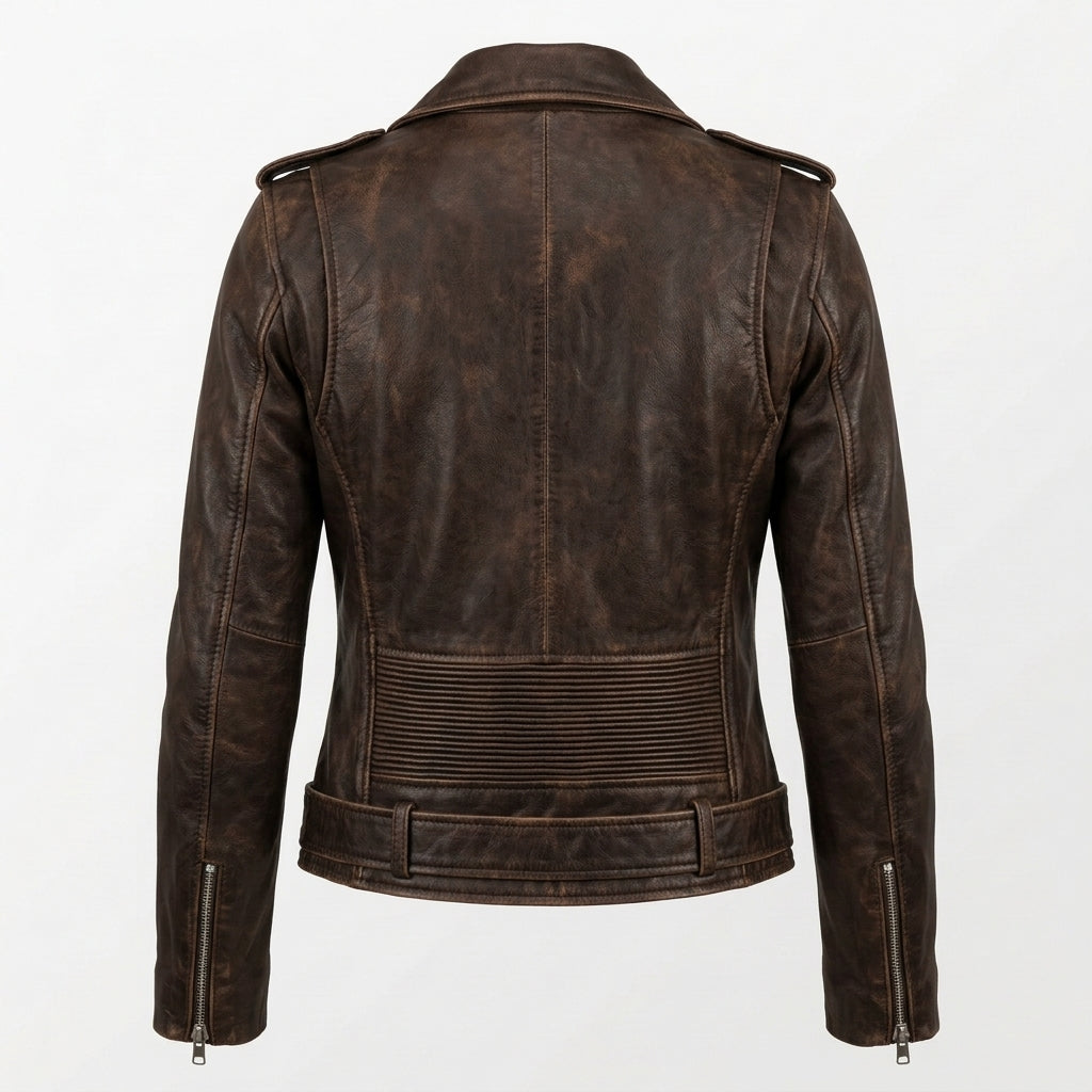 Women's Vintage Brown Leather Biker Jacket with Belt