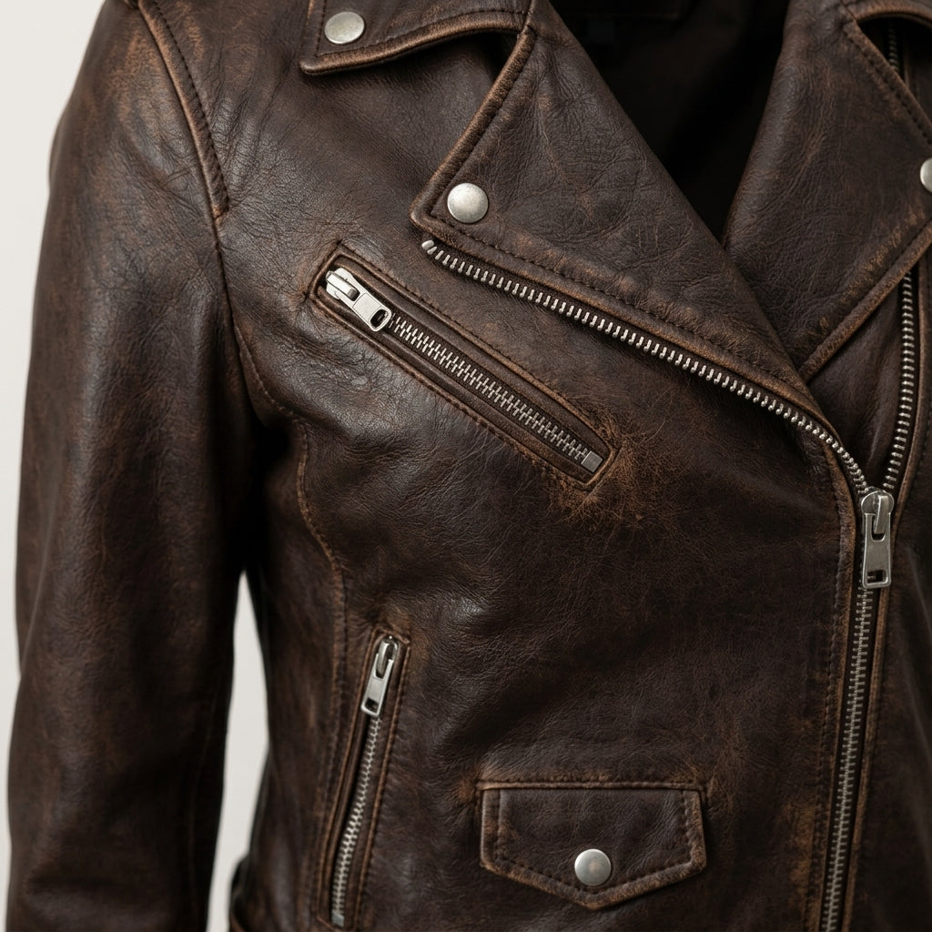 Women's Vintage Brown Leather Biker Jacket with Belt