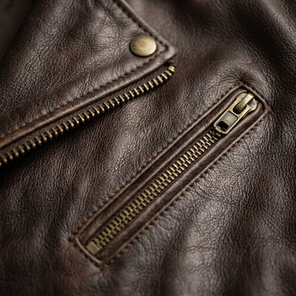 Men's Brown Leather Biker Jacket with Asymmetric Zipper