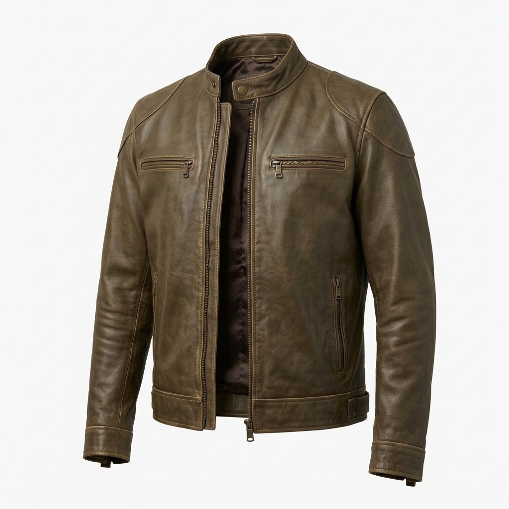 Men's Olive Brown Sheepskin Leather Biker Jacket – Vintage Waxed Cafe Racer with Band Collar
