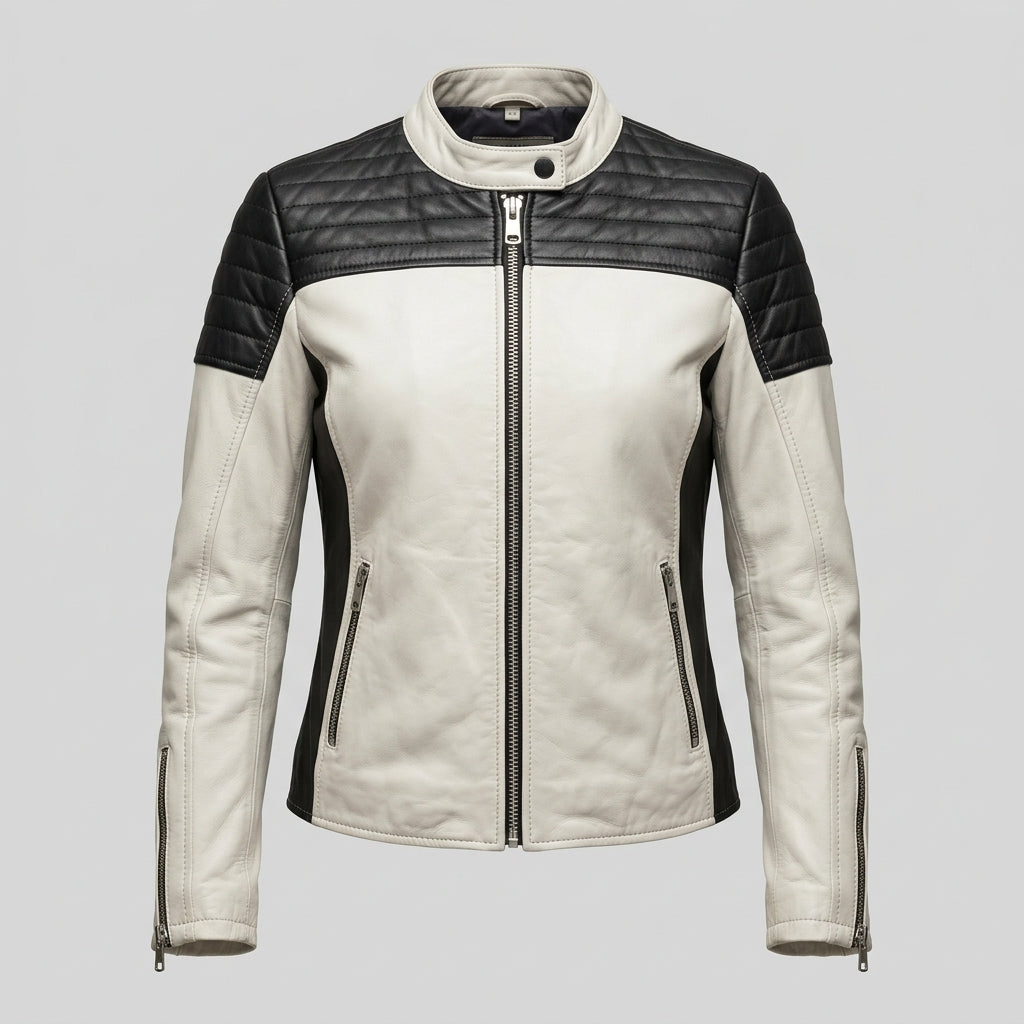 Women's White and Black Leather Sport Biker Jacket