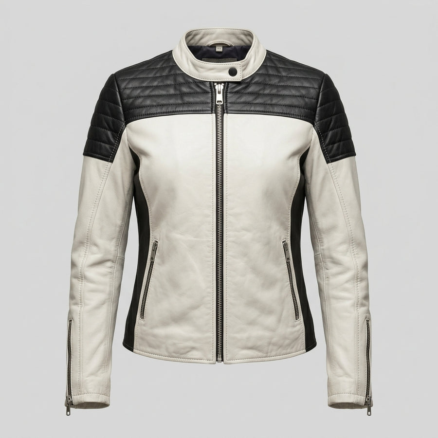 Women's White and Black Leather Sport Biker Jacket