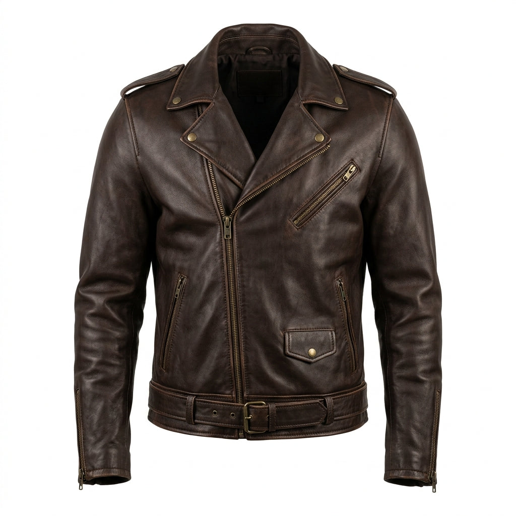 Men's Brown Leather Biker Jacket with Asymmetric Zipper