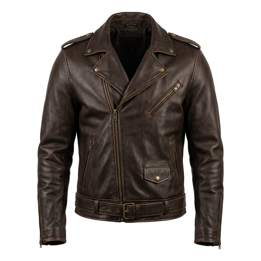 Men's Brown Leather Biker Jacket with Asymmetric Zipper