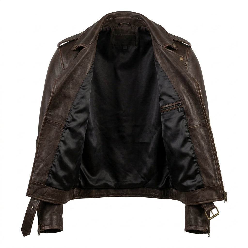 Men's Brown Leather Biker Jacket with Asymmetric Zipper