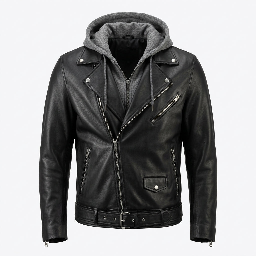 Men's Black Leather Biker Jacket with Removable Grey Fleece Hood