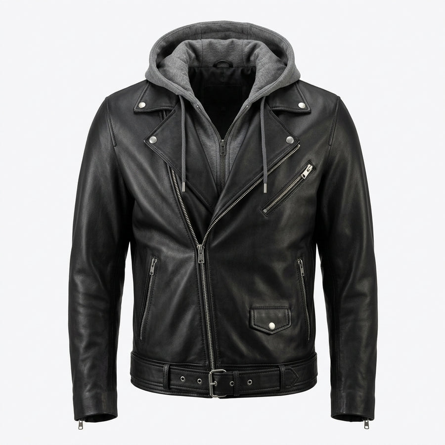 Men's Black Leather Biker Jacket with Removable Grey Fleece Hood