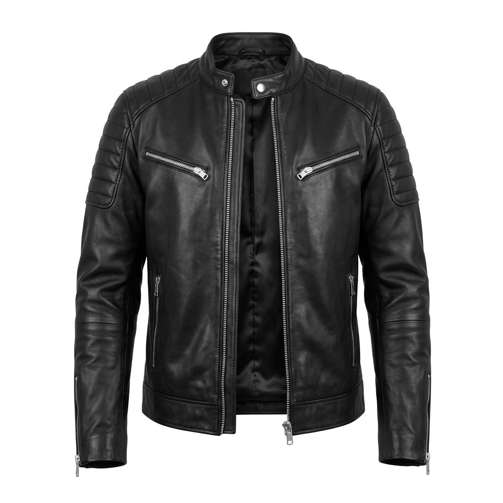 Men's Black Leather Biker Jacket – Sheepskin Multi-Zip Motorcycle Moto Jacket