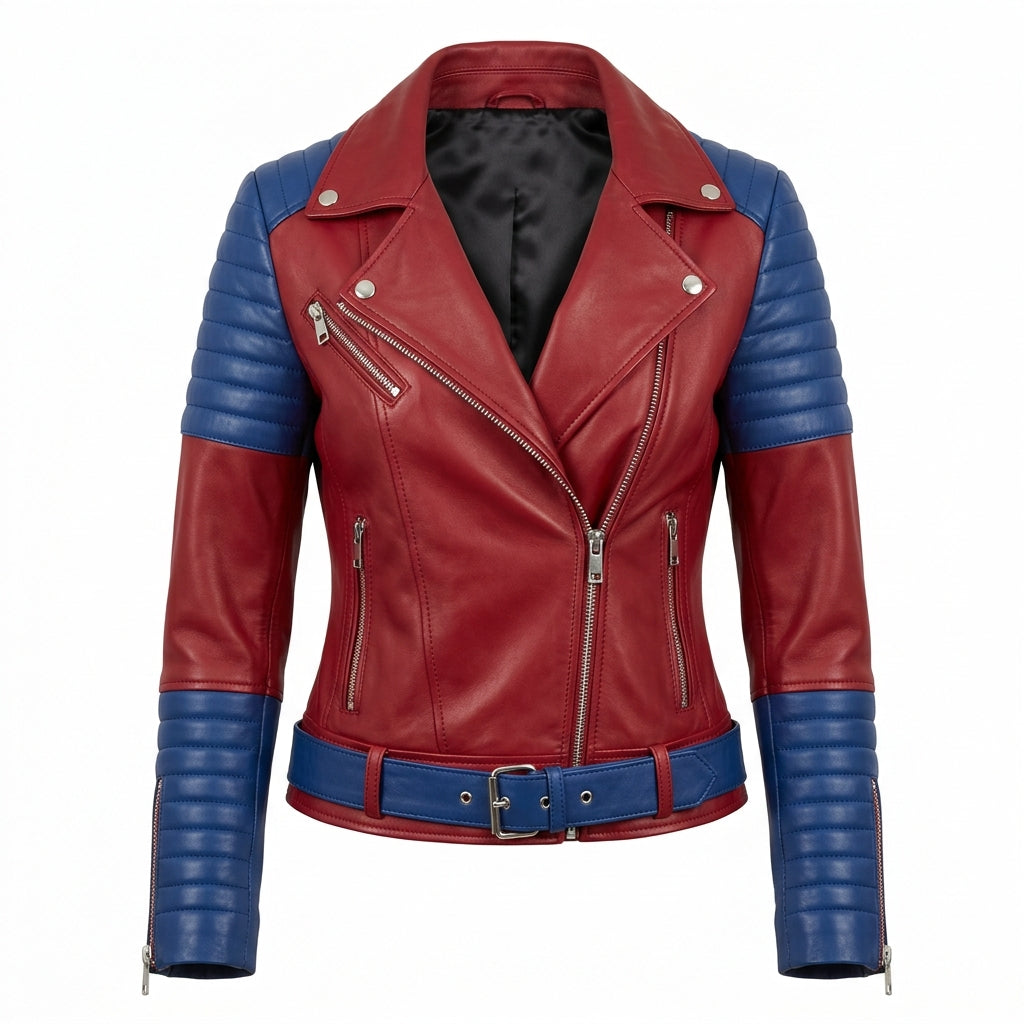 Women's Red and Blue Leather Biker Jacket, Two Tone Quilted Sheepskin Asymmetric Moto Coat, Gift for Her