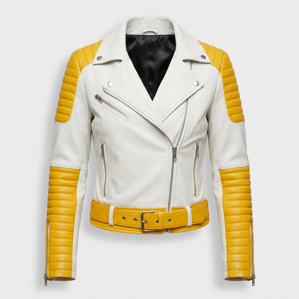 Women's White and Yellow Sheepskin Leather Biker Jacket – Two-Tone Quilted Asymmetric Moto Jacket