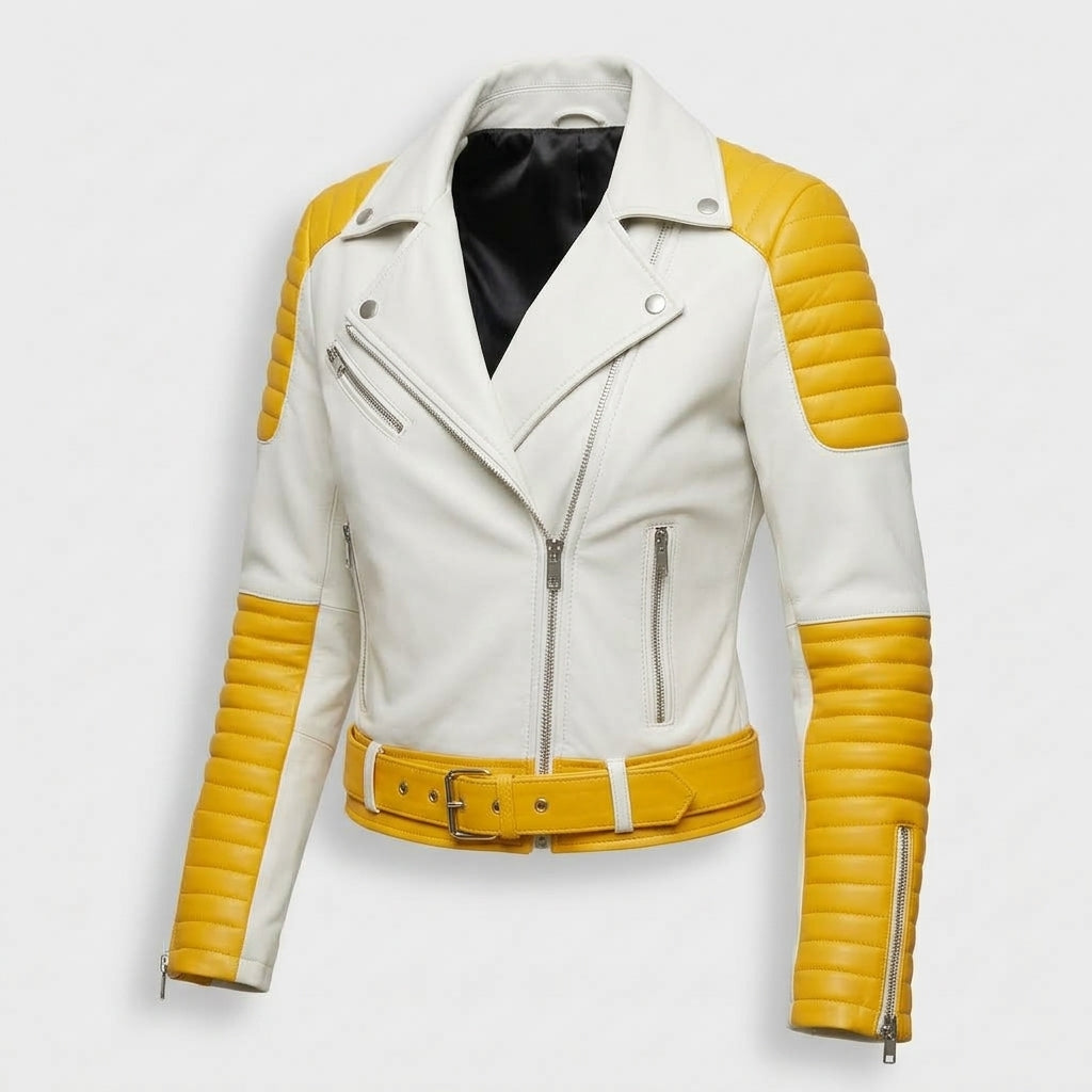 Women's White and Yellow Sheepskin Leather Biker Jacket – Two-Tone Quilted Asymmetric Moto Jacket