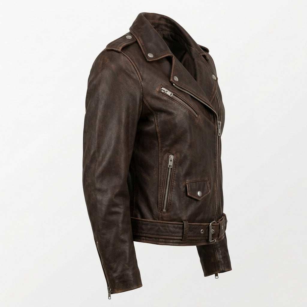 Women's Vintage Brown Leather Biker Jacket with Belt