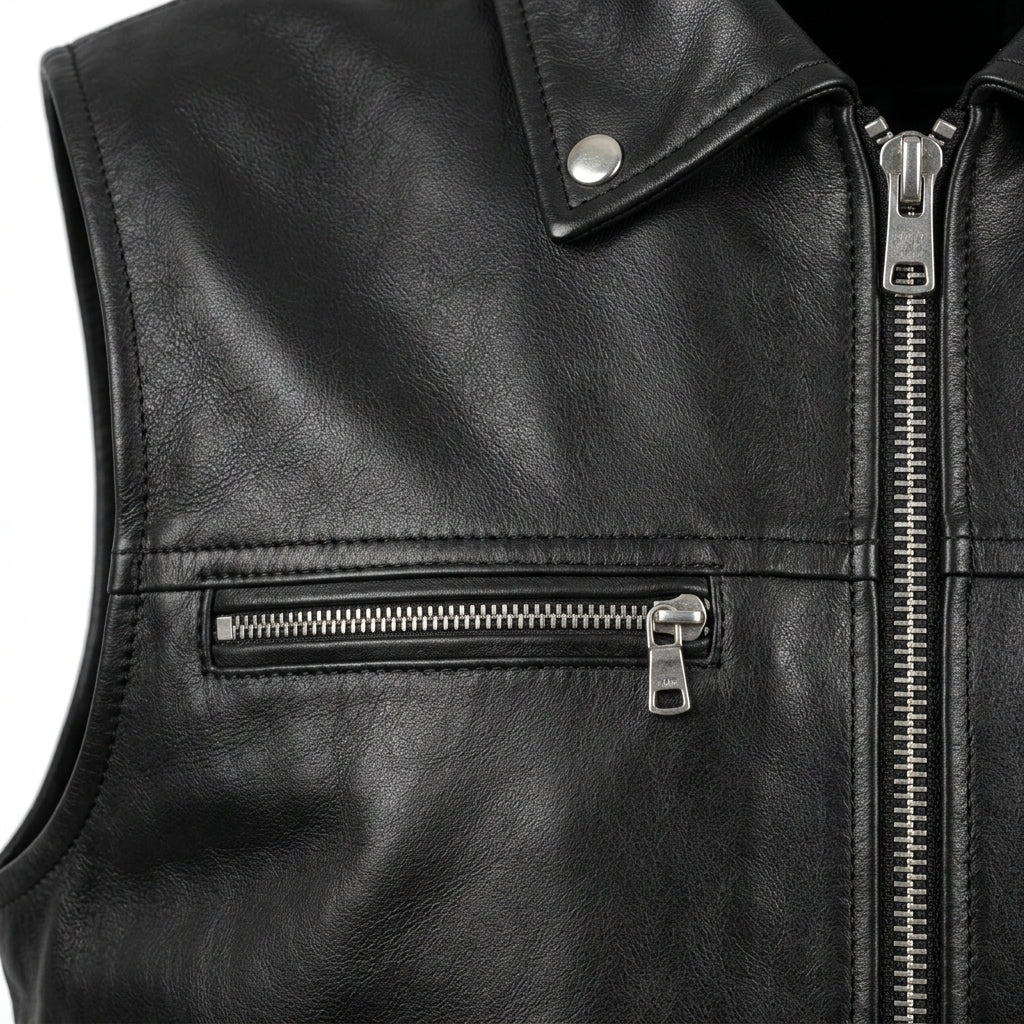 Men's Black Leather Biker Vest with Side Laces