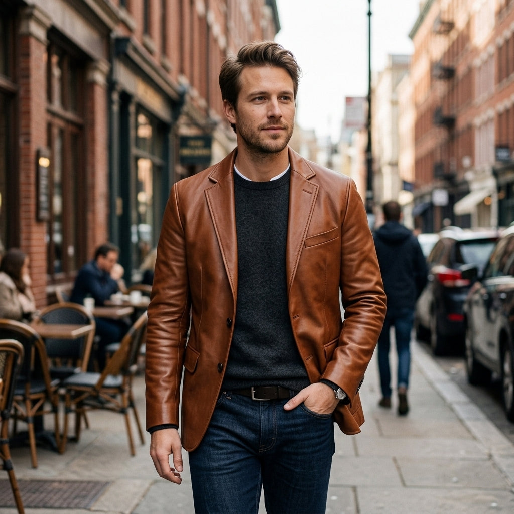 Men's Cognac Brown Leather Blazer