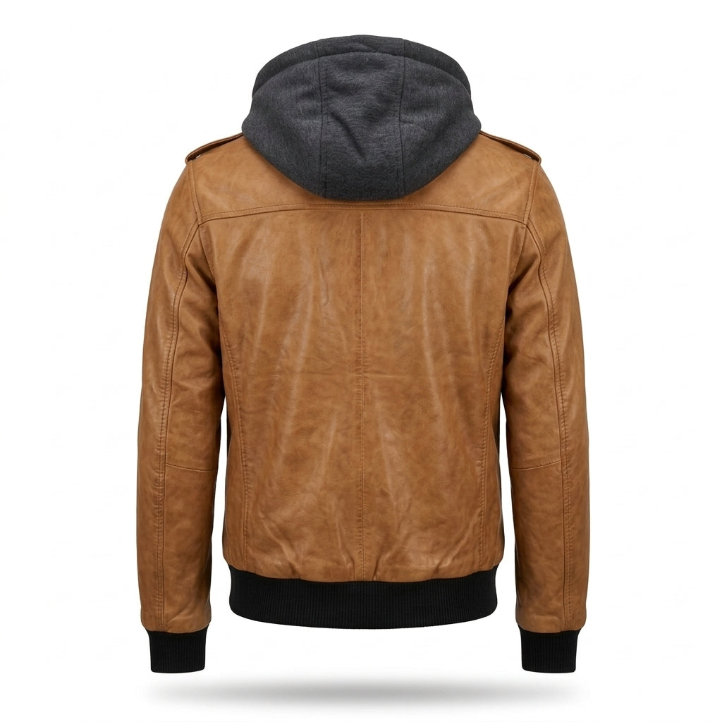 Men's Camel Tan Leather Bomber Jacket with Removable Hood
