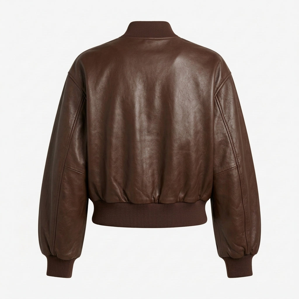 Women's Chocolate Brown Cropped Leather Bomber Jacket