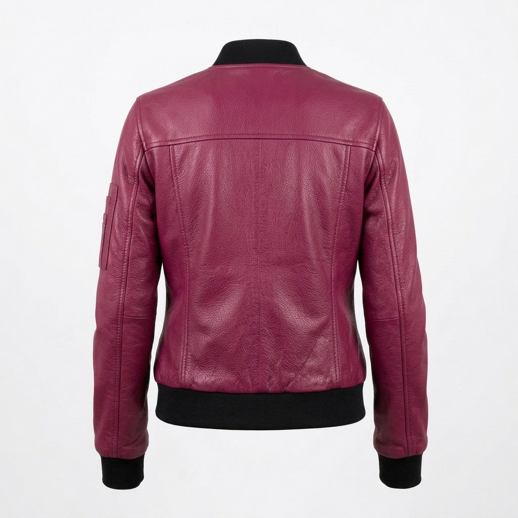 Women's Berry Magenta Pebbled Leather Bomber Jacket