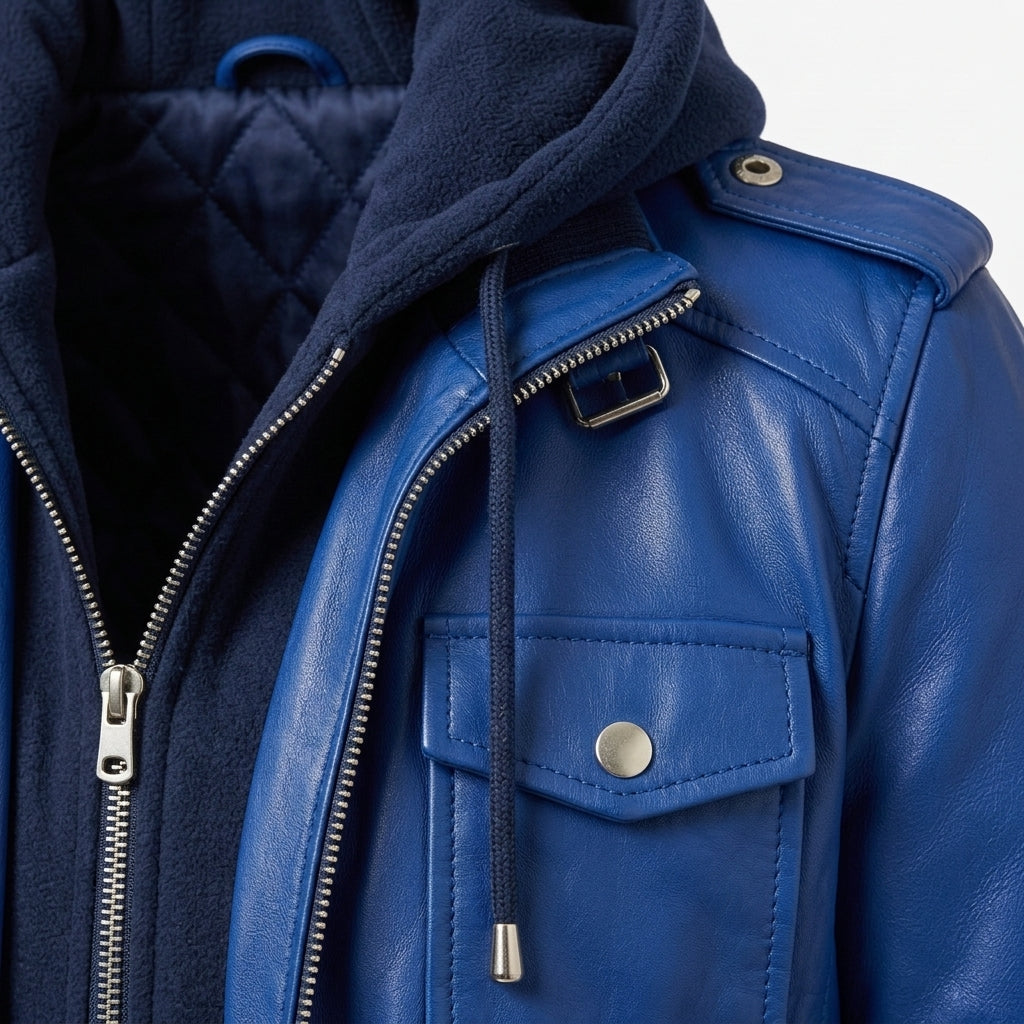 Women's Royal Blue Sheepskin Leather Bomber Jacket – Hooded Winter Coat with Removable Hood