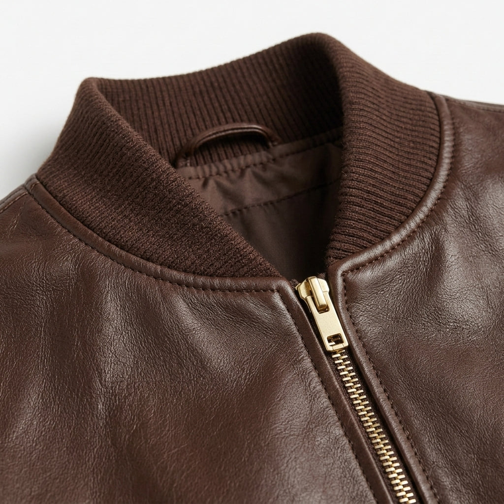 Women's Chocolate Brown Cropped Leather Bomber Jacket