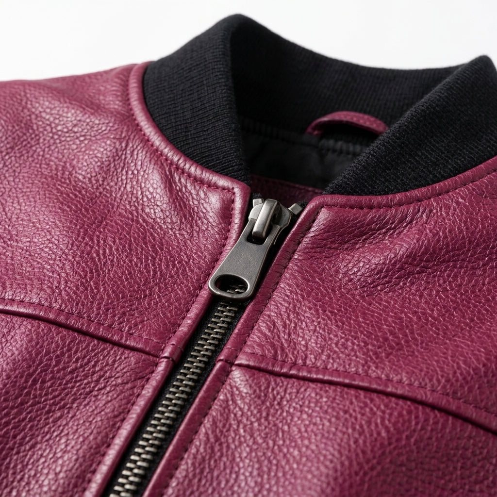 Women's Berry Magenta Pebbled Leather Bomber Jacket
