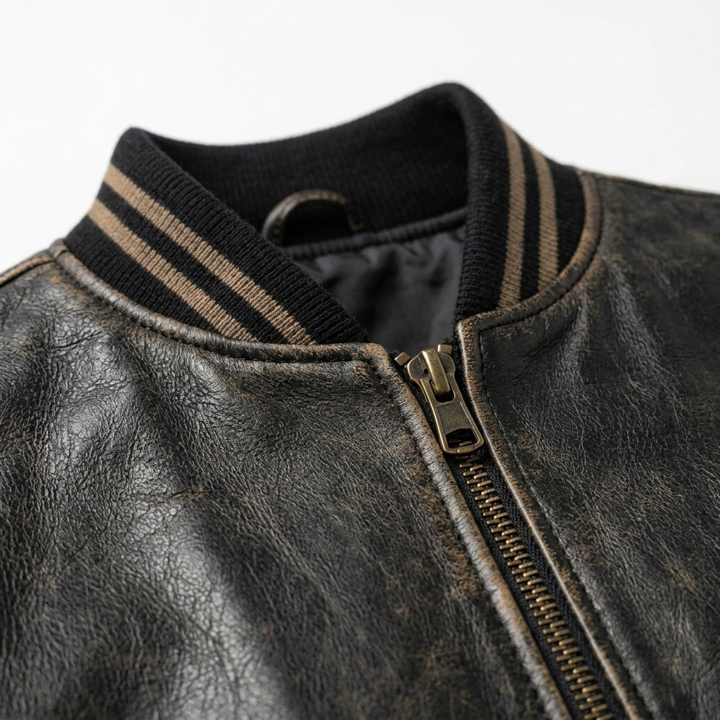 Men's Antique Black Leather Bomber Jacket, Vintage Finish