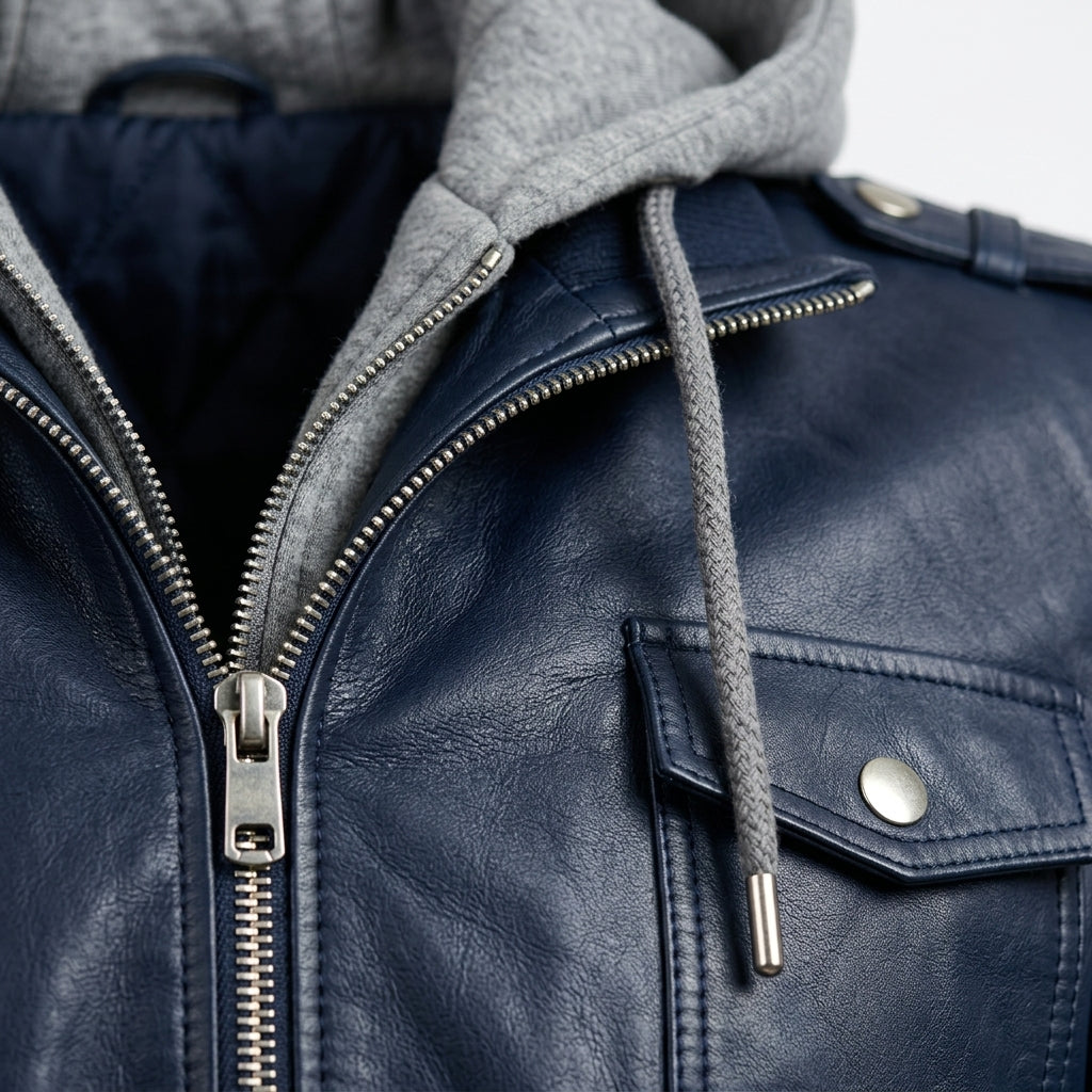Women's Navy Blue Sheepskin Leather Bomber Jacket – Hooded Winter Coat with Removable Hood