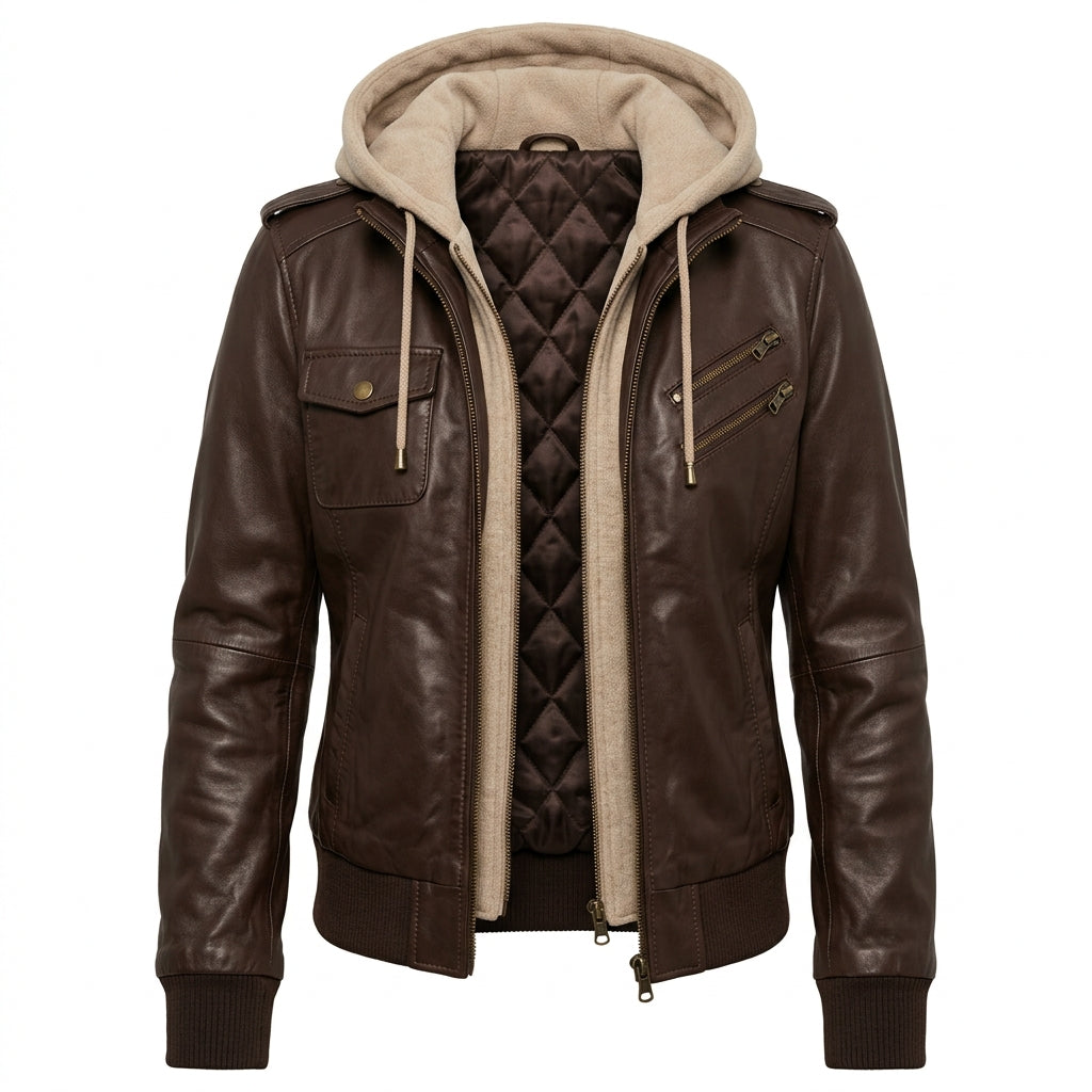 Women's Dark Brown Sheepskin Leather Bomber Jacket – Hooded Winter Coat with Removable Hood