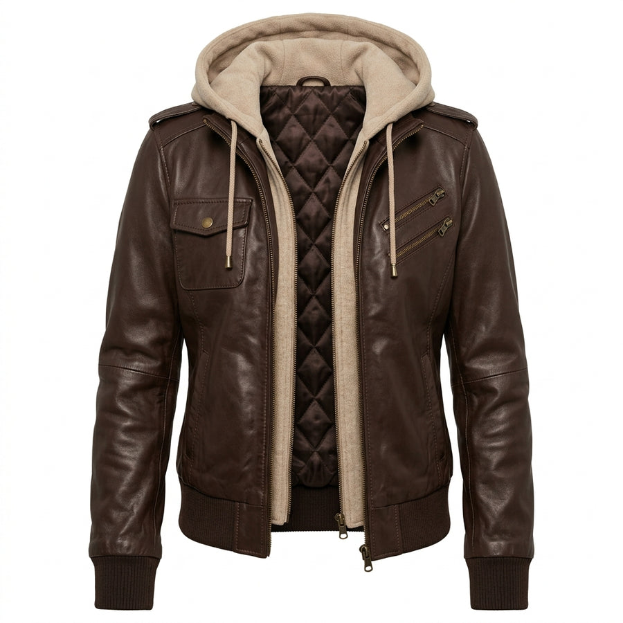 Women's Dark Brown Sheepskin Leather Bomber Jacket – Hooded Winter Coat with Removable Hood
