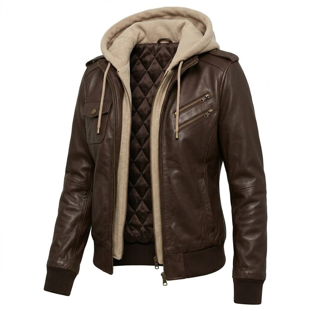 Women's Dark Brown Sheepskin Leather Bomber Jacket – Hooded Winter Coat with Removable Hood
