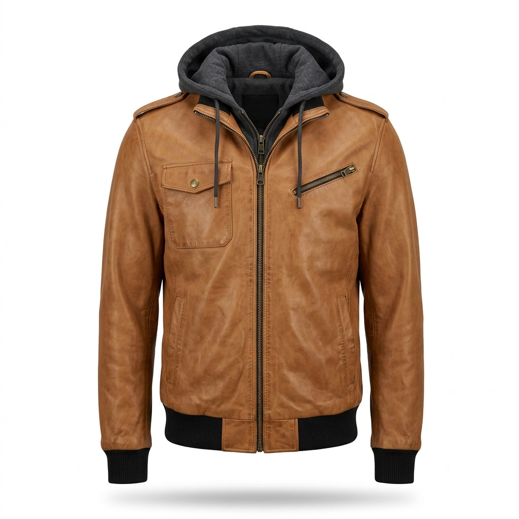Men's Camel Tan Leather Bomber Jacket with Removable Hood