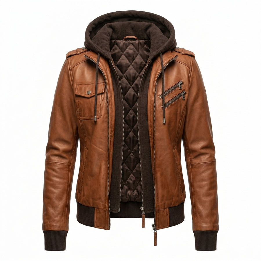 Women's Brown Sheepskin Leather Bomber Jacket – Hooded Winter Coat with Removable Hood