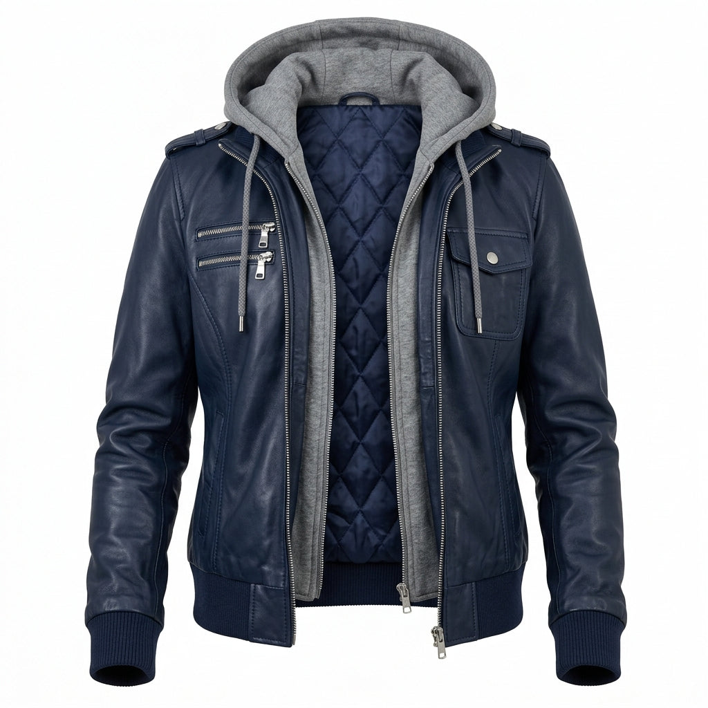 Women's Navy Blue Sheepskin Leather Bomber Jacket – Hooded Winter Coat with Removable Hood