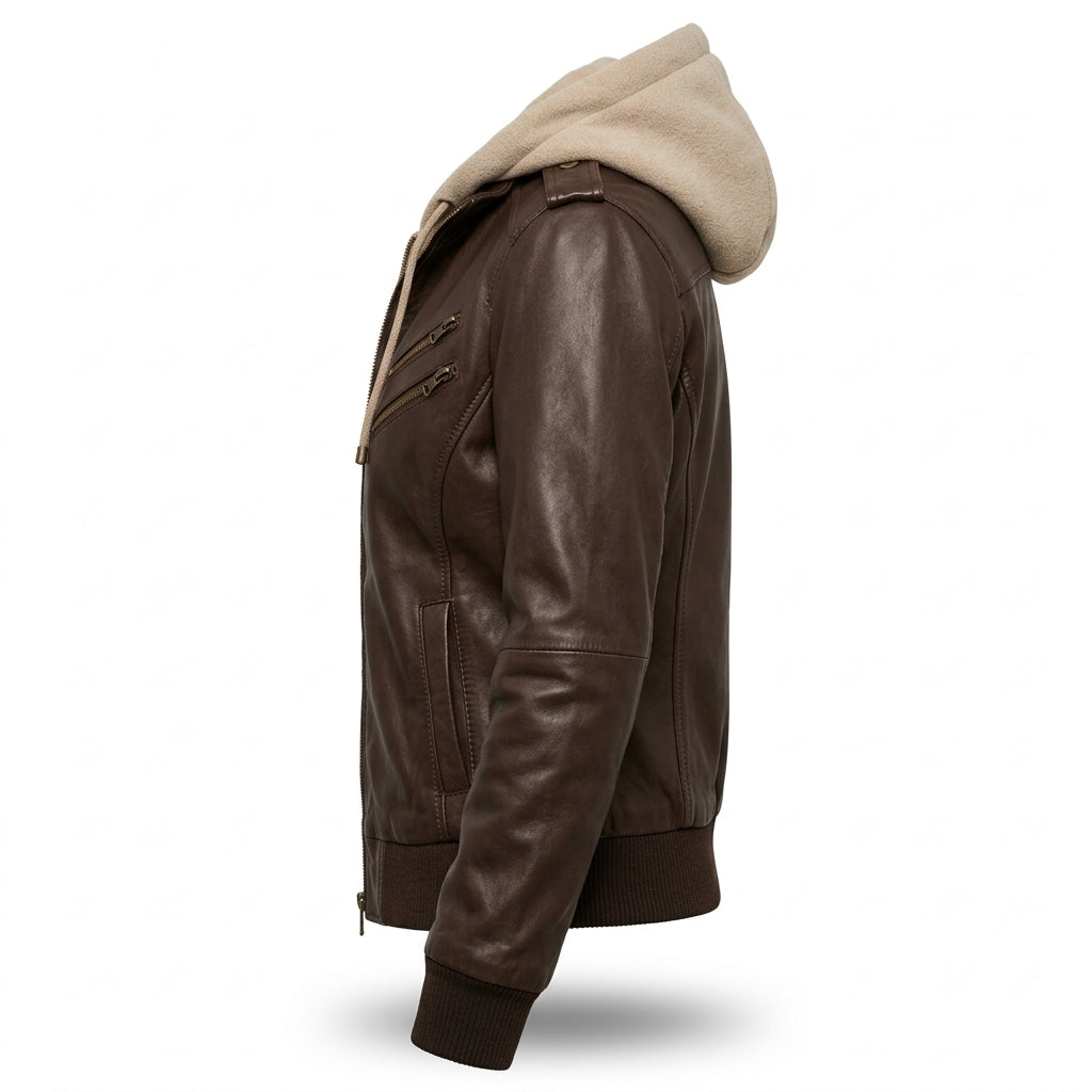Women's Dark Brown Sheepskin Leather Bomber Jacket – Hooded Winter Coat with Removable Hood