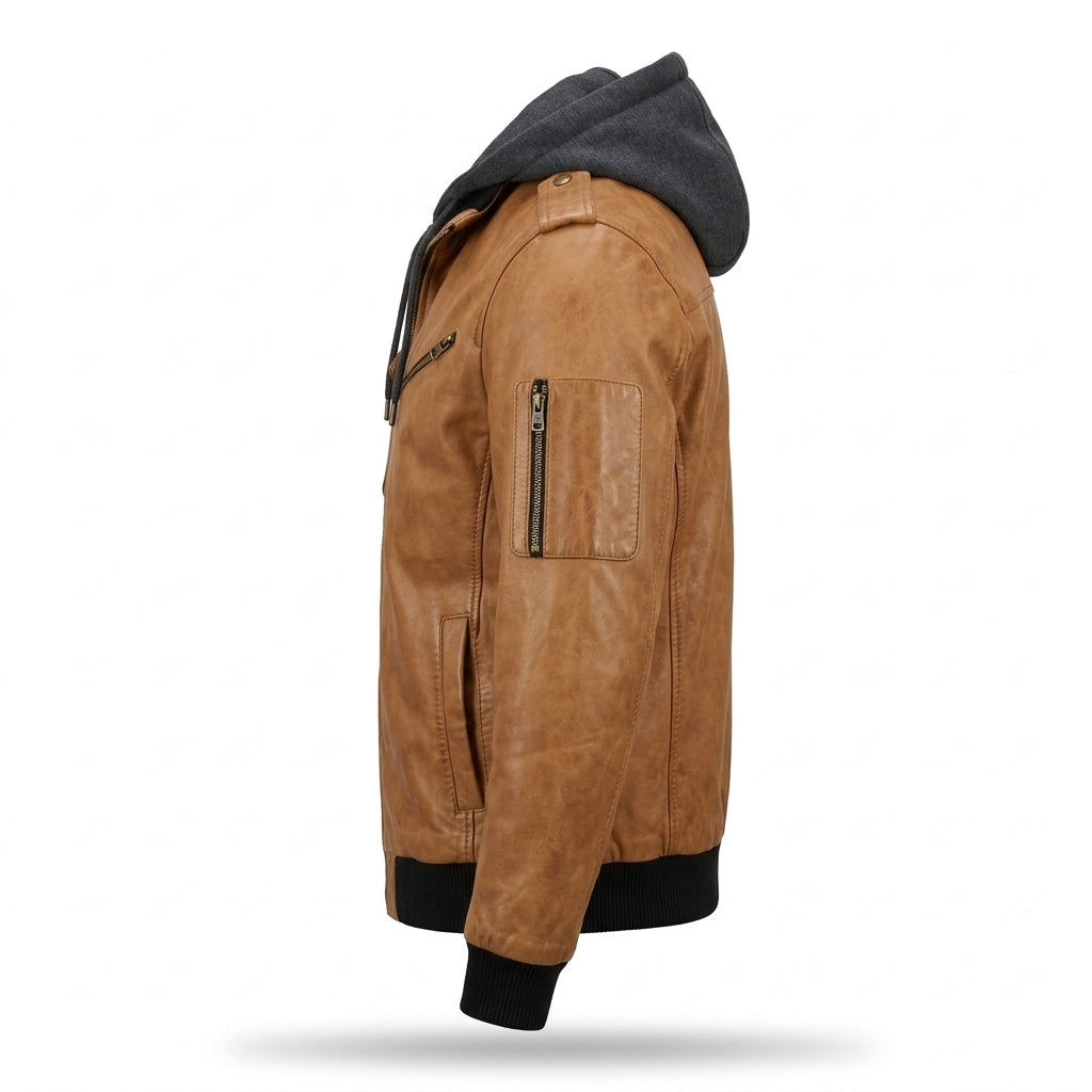 Men's Camel Tan Leather Bomber Jacket with Removable Hood