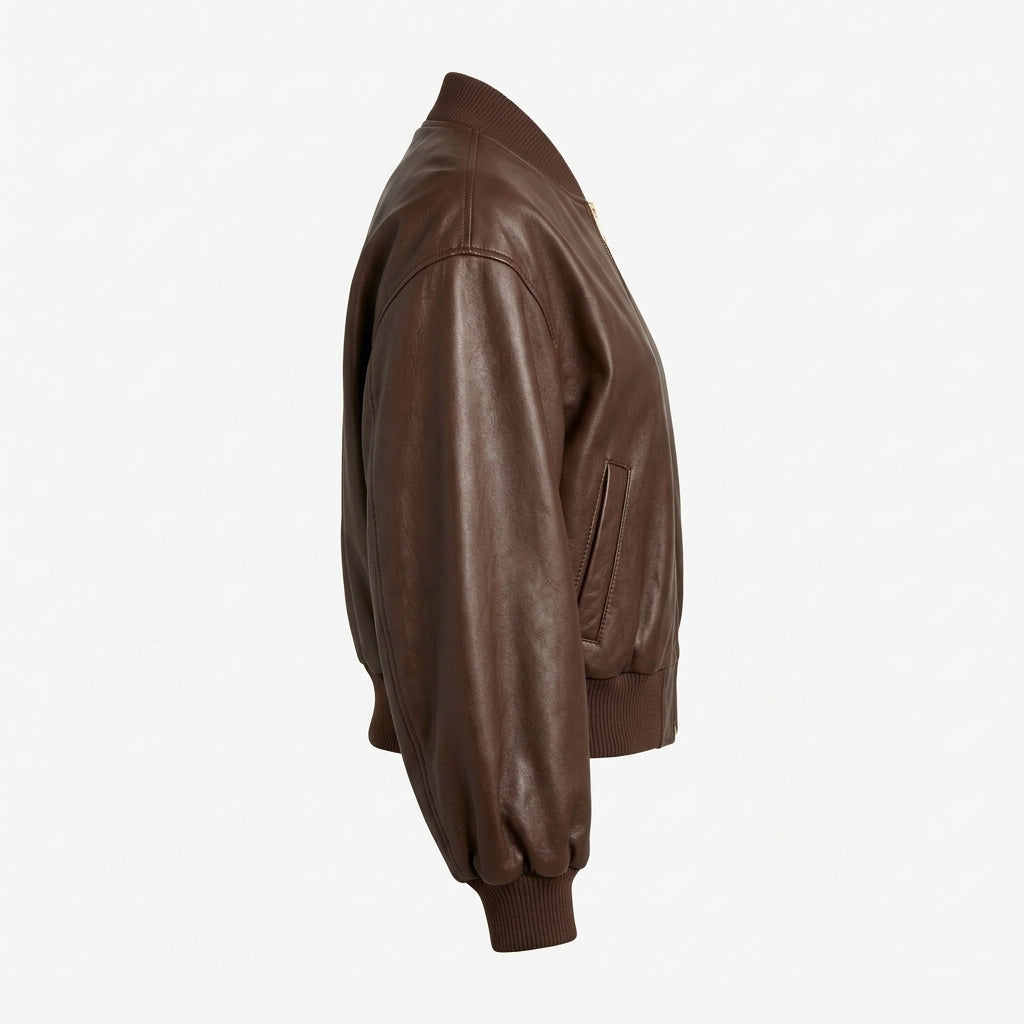 Women's Chocolate Brown Cropped Leather Bomber Jacket