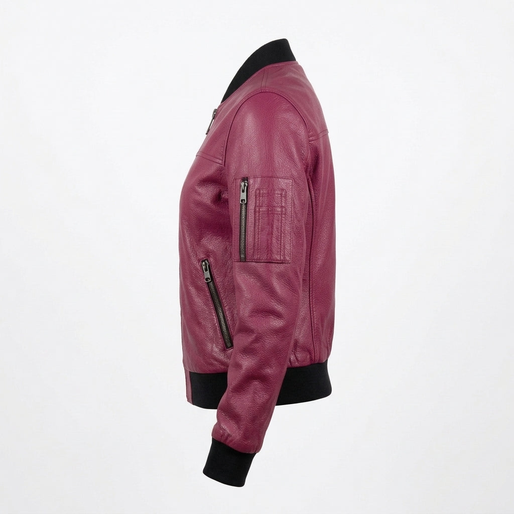 Women's Berry Magenta Pebbled Leather Bomber Jacket