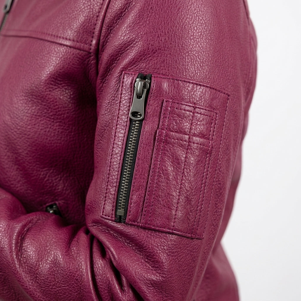 Women's Berry Magenta Pebbled Leather Bomber Jacket