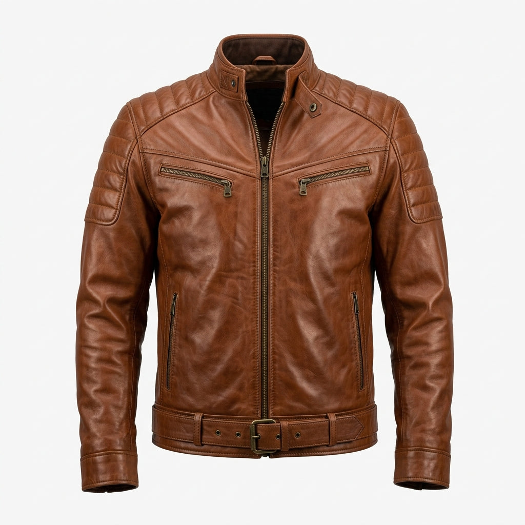 Men's Whiskey Brown Belted Leather Cafe Racer Jacket